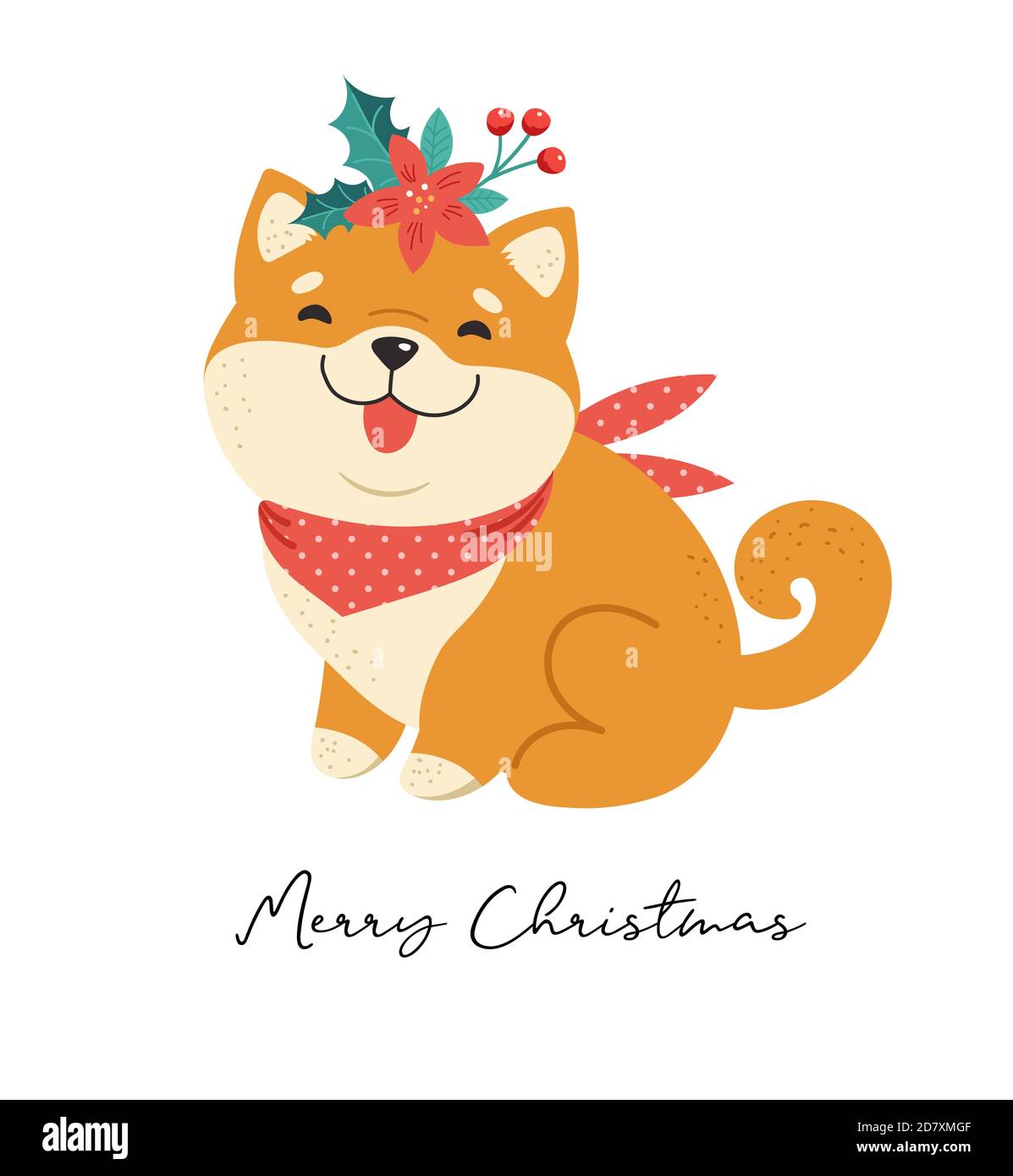 Illustration Joyeux Noël avec Shiba Inu, Japanes, chien coréen. Chiot drôle avec des accessoires de Noël. Carte de vœux Vector Illustration de Vecteur