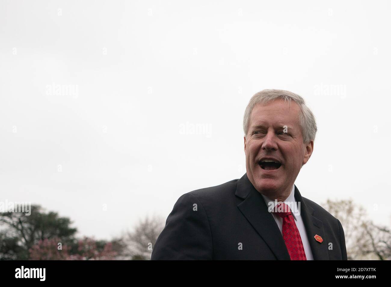 Le chef de cabinet de la Maison Blanche, Mark Meadows, parle avec des reporters sur la pelouse sud de la Maison Blanche, dans le contexte de la pandémie du coronavirus, le 28 mars 2020 à Washington, D.C. crédit : Alex Edelman/The photo Access Banque D'Images