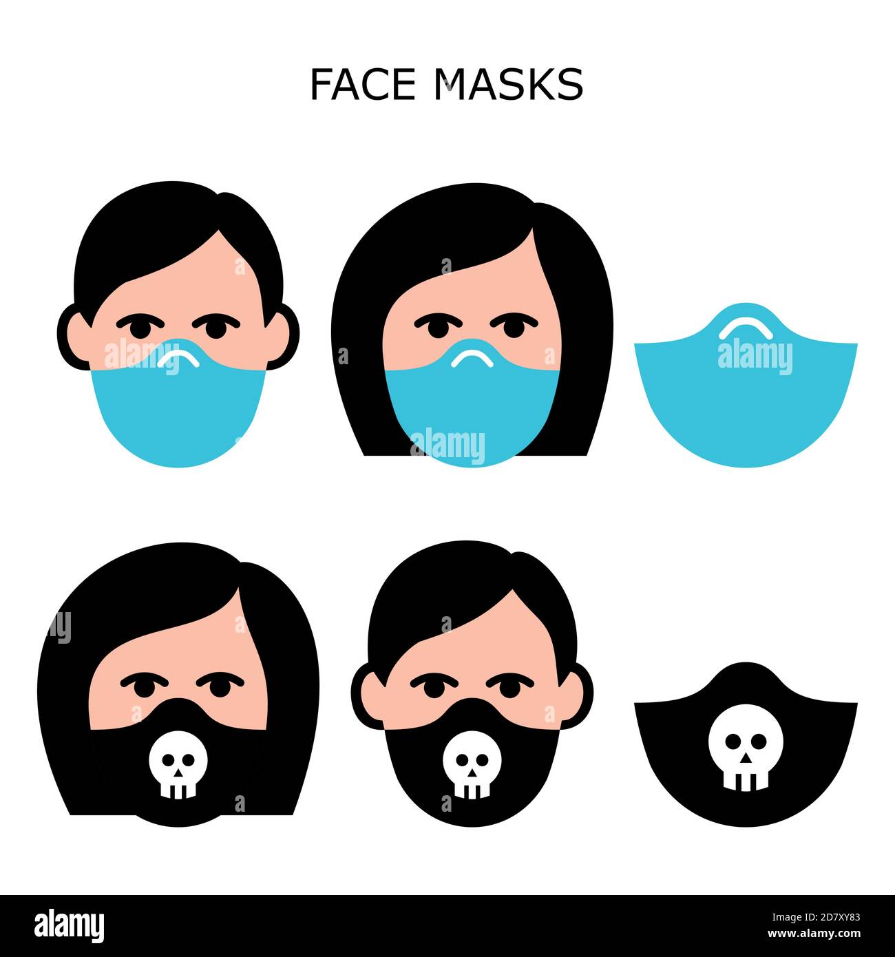 Homme et femme portant des masques de sécurité visage ensemble d'icônes vectorielles - masques portés pendant l'auto-distanciation pour prévenir les maladies, virus, pollution de l'air, ai contaminé Illustration de Vecteur