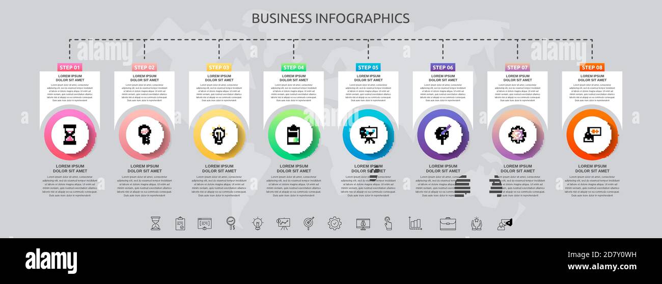 Cercles infographiques avec 8 étapes, carrés. Modèle vectoriel utilisé pour le diagramme, l'entreprise, le Web, la bannière, la mise en page du flux de travail, présentations, organigramme, info Illustration de Vecteur
