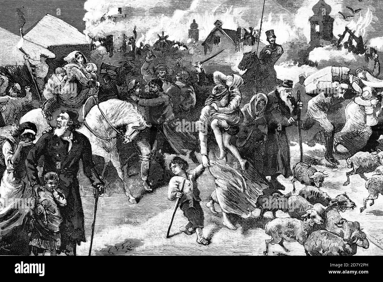Le mouvement antisémite en Russie, l'expulsion des juifs dans un village Podolien. Illustration ancienne. 1882. Banque D'Images