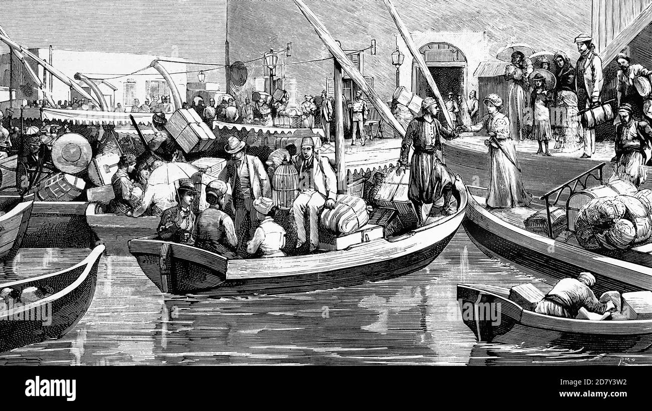 Alexandrie, Égypte, familles européennes quittant la ville avant l'imminence du bombardement. Illustration ancienne. 1882. Banque D'Images