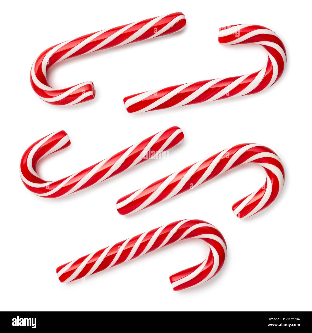 Candy Cane - cadeau de Noël classique. Ensemble de bonbons festifs sur fond blanc. Flat lay, vue de dessus Banque D'Images