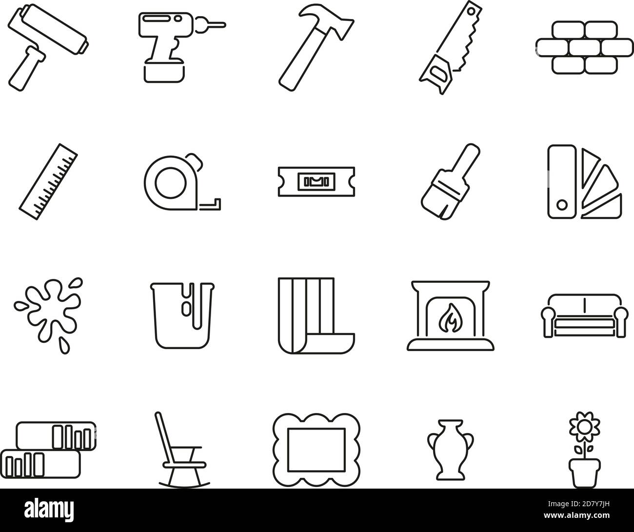 Décoration et rénovation de la maison icônes Noir et blanc fin Ensemble de lignes grand Illustration de Vecteur