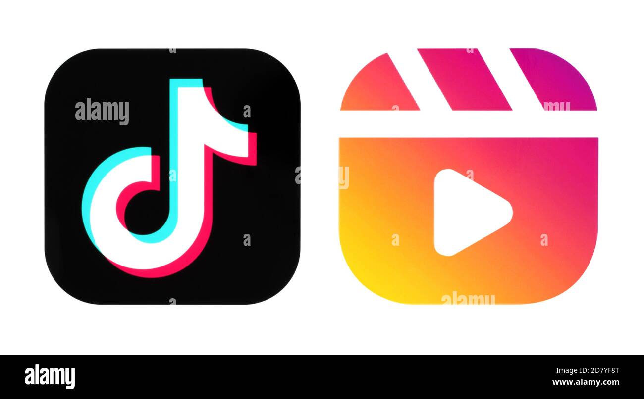 Kiev, Ukraine - 14 septembre 2020 : icônes TikTok et Instagram Reels, imprimées sur papier. Instagram lance Reels pour la création et le partage de courtes vidéos, Banque D'Images