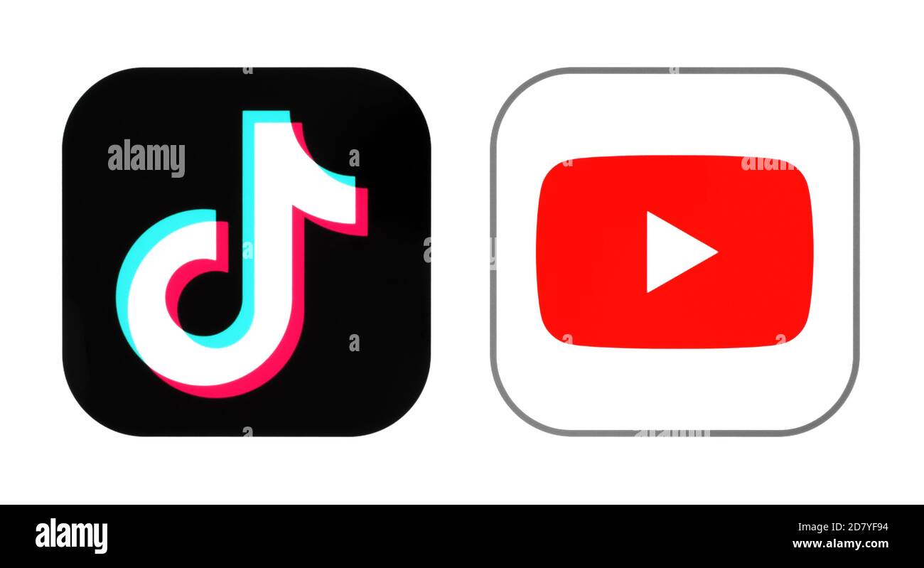 Kiev, Ukraine - 21 septembre 2020 : icônes de TikTok et Youtube, imprimées sur papier. YouTube a annoncé le lancement d'une nouvelle vidéo de forme courte expérience il est Banque D'Images