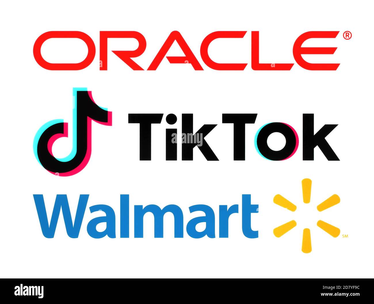 Kiev, Ukraine - 21 septembre 2020 : logos Oracle, TikTok et Walmart, imprimés sur papier. Nouvelles sur Deal pour Oracle et Walmart afin d'acquérir des parts dans TH Banque D'Images