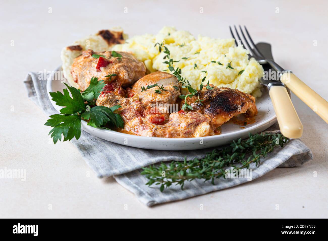 Ragoût de poulet à la paprika douce et à la crème aigre. Paprikash, plat traditionnel hongrois. Cuisine balkanienne. Nourriture de confort d'automne ou d'hiver. Foc sélectif Banque D'Images
