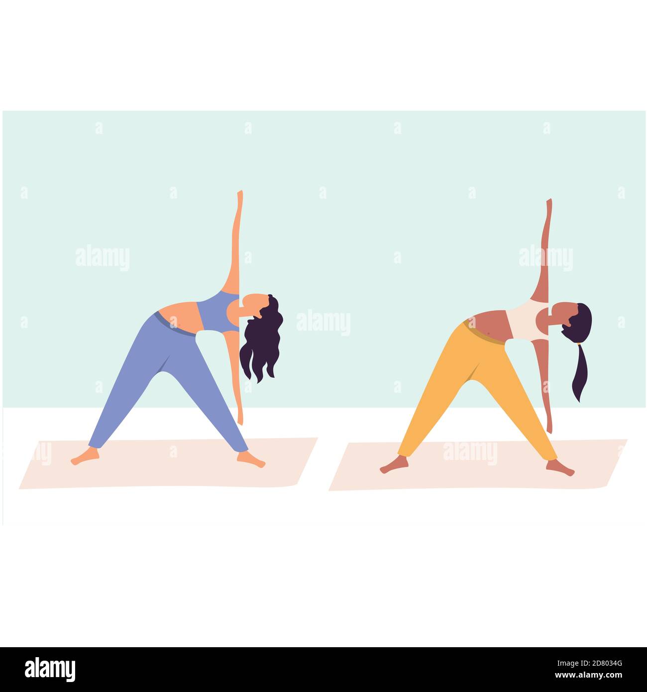Deux femmes pratiquant le yoga ensemble, groupe de femmes effectuant l'exercice de gymnastique en salle de gym, cours d'aérobic, entraînement, activité sportive, dessin animé plat couleur Illustration de Vecteur