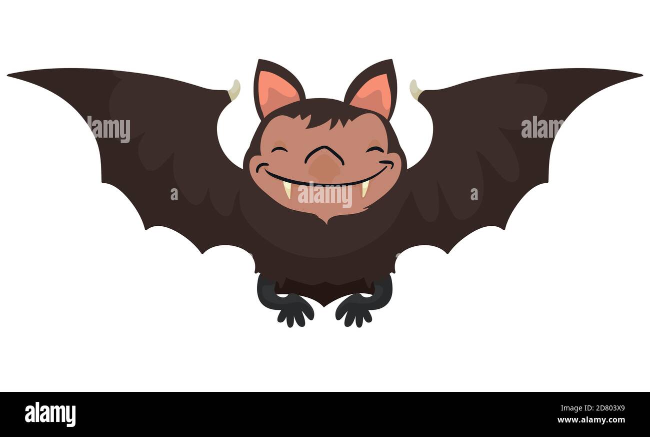 Chauve-souris souriante à fourrure brune et ailes étalées, isolée sur fond blanc. Illustration de Vecteur