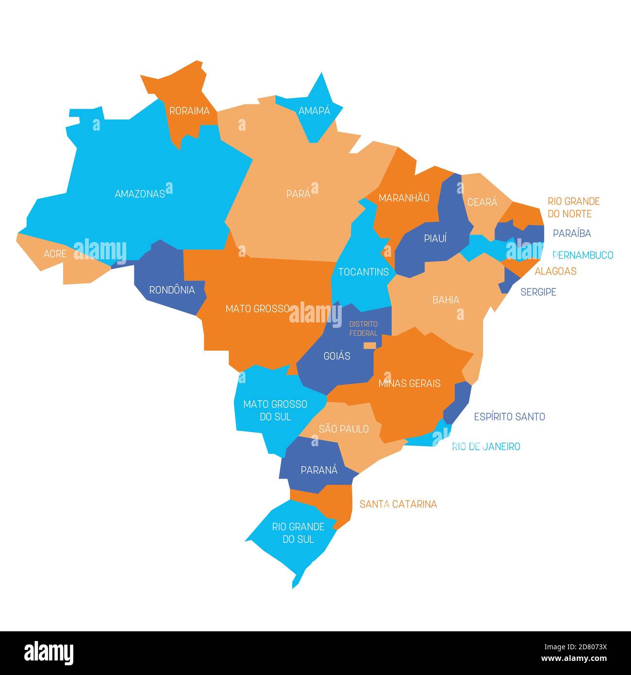 Carte politique colorée du Brésil. Divisions administratives - États. Carte vectorielle plate simple avec étiquettes. Illustration de Vecteur