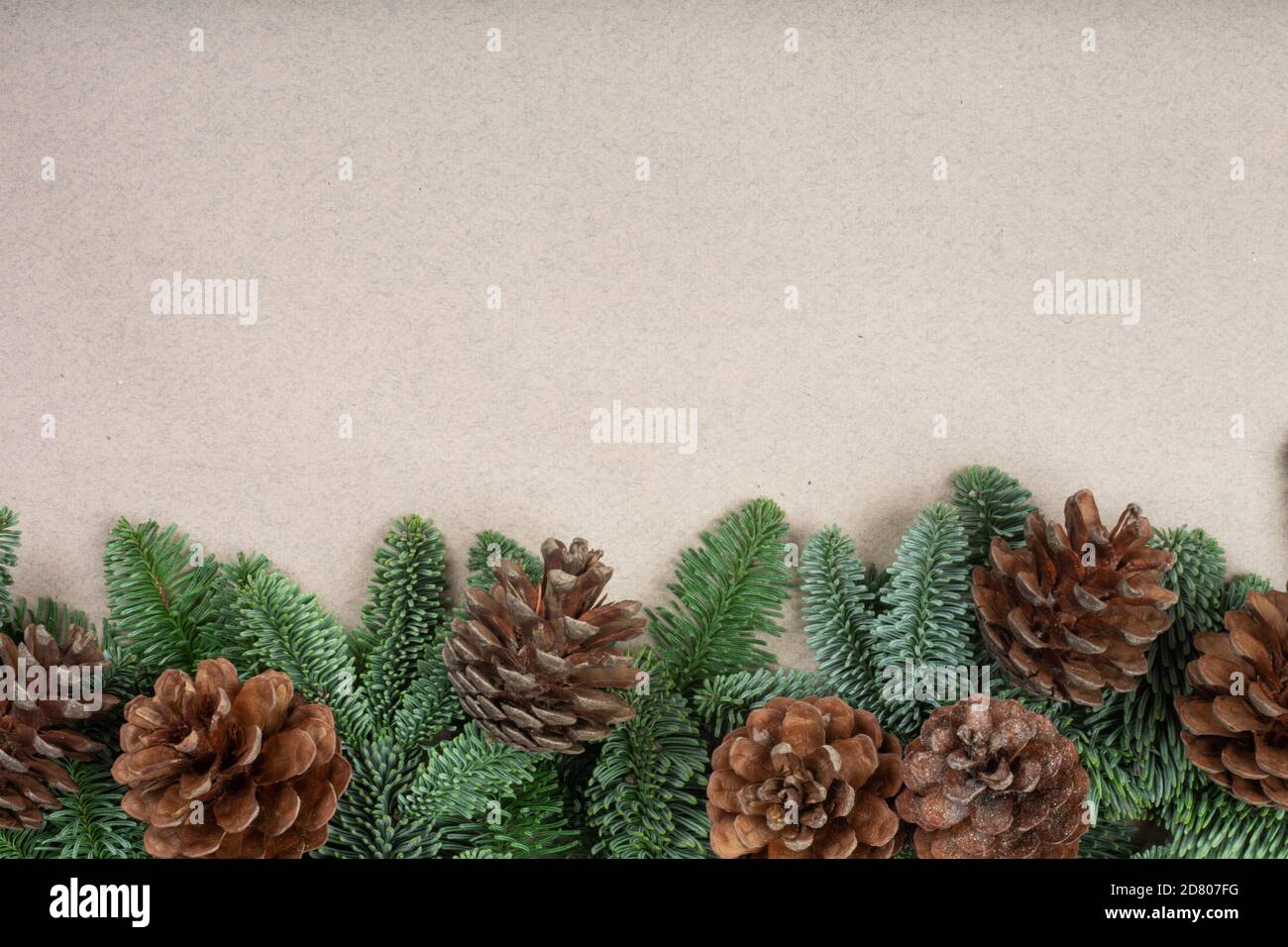 Carte de Noël bannière fond clair avec branches de sapin noble cadre de bordure en forme de cône de pin avec espace de copie pour le texte Banque D'Images