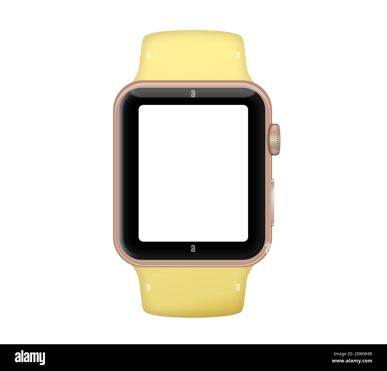 Montre intelligente à boîtier en aluminium doré isolé et bande jaune pollen sur fond blanc Banque D'Images