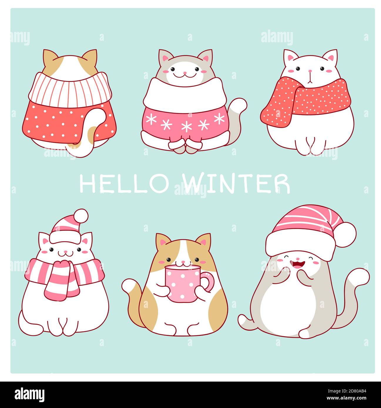 Bonjour hiver. Carte de vœux de Noël avec quatre jolis chats gras dans des foulards et des chapeaux. Six chats adorables dans le style kawaii sur fond bleu. Vecteur EPS8 Illustration de Vecteur