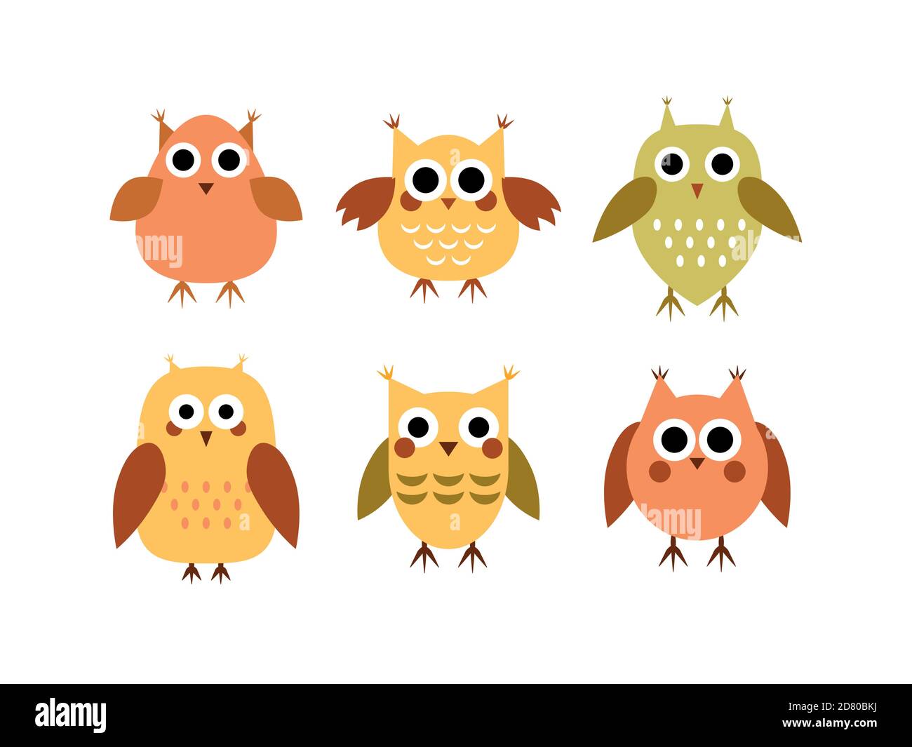 Ensemble d'illustrations vectorielles de dessins animés colorés heureux chouettes sur fond blanc. Ensemble d'oiseaux amusants et mignons, sans pinces. Illustration de Vecteur