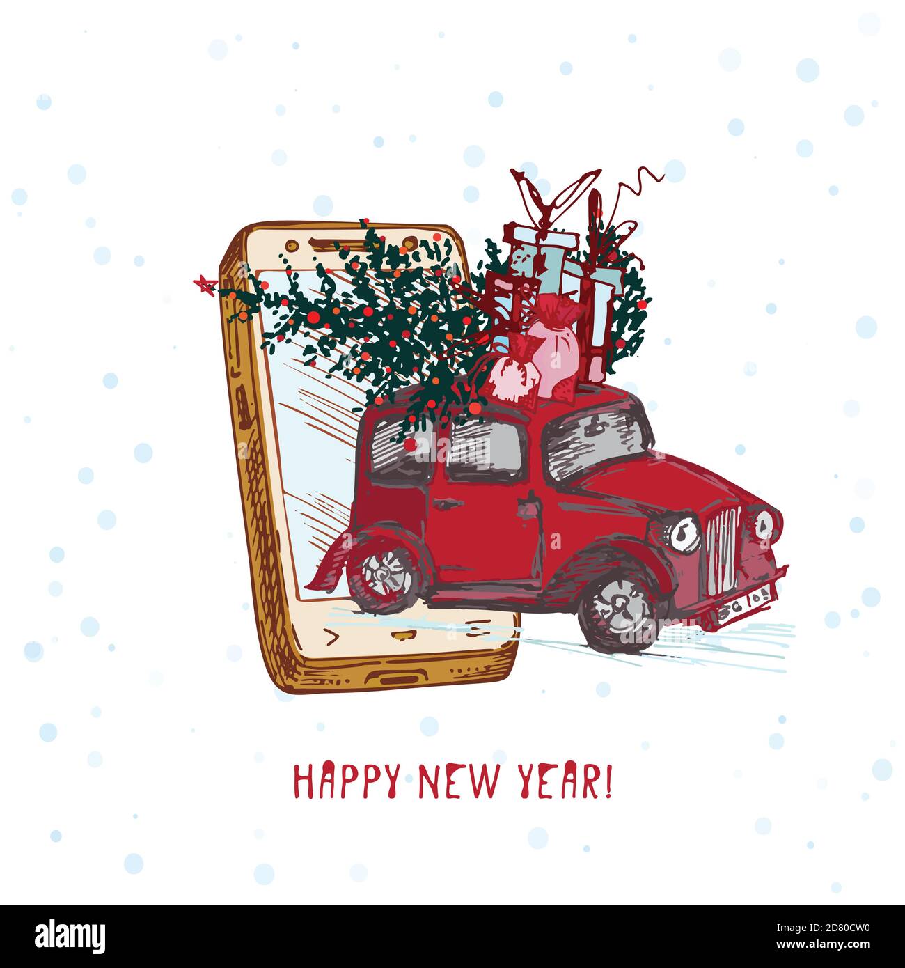 Noël festif, nouveau concept d'an livraison de vacances. Smartphone dessiné à la main et voiture rouge avec boules rouges décorées de sapin et cadeaux sur neige Illustration de Vecteur