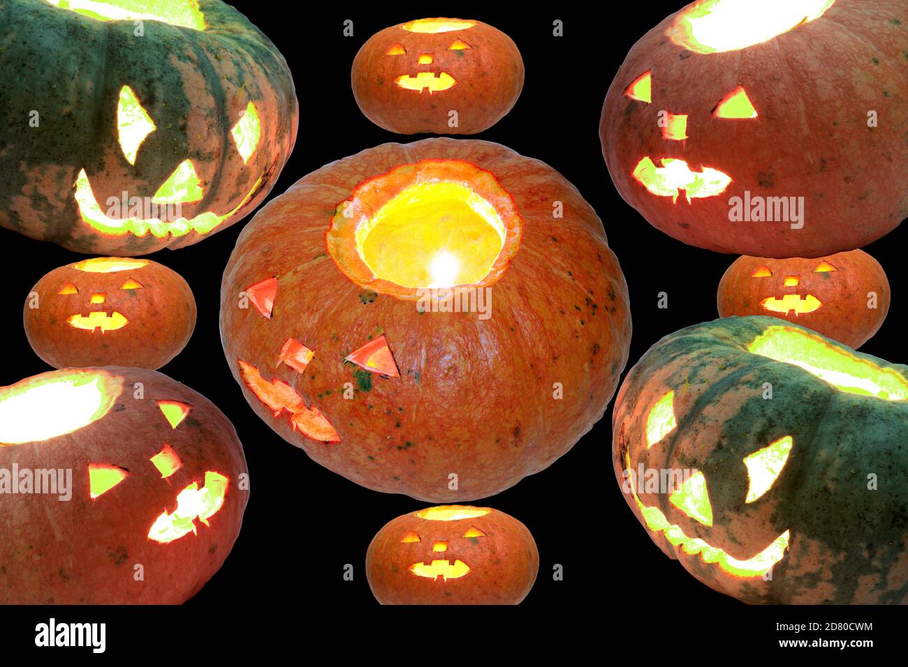 La vie de fond-encore composée de citrouilles d'Halloween brillantes de différents taille et couleurs Banque D'Images