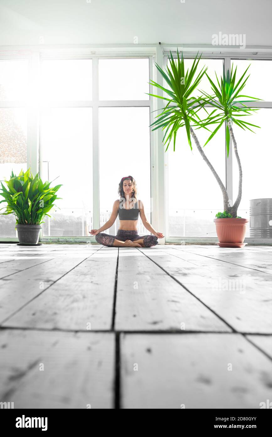 Femme en position lotus sur le panneau SUP intérieur pendant son cours de yoga du matin. Banque D'Images