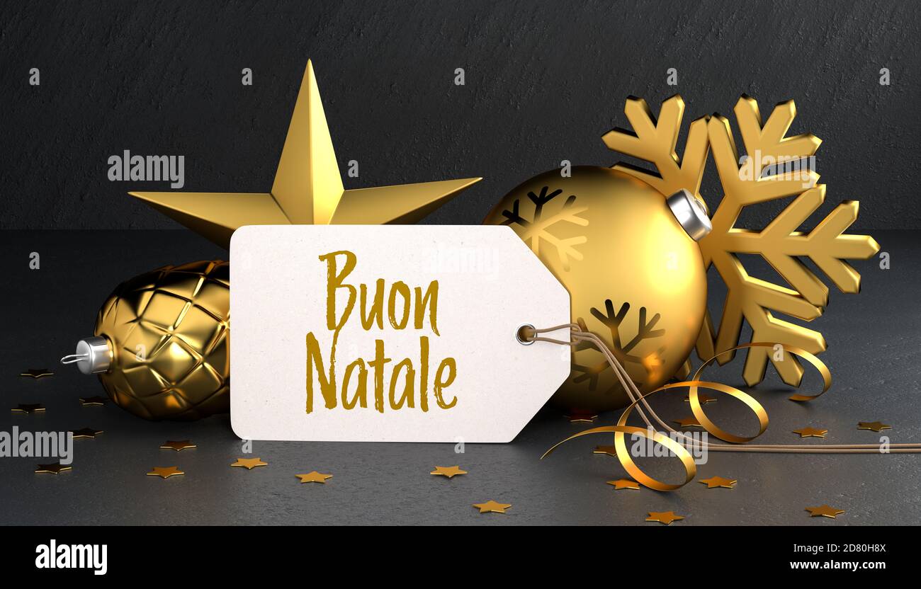 Noël - étiquette cadeau avec le message de Joyeux Noël italien « Buon  natale » sur fond de pierre noire, adochée à l'or décoration de noël  colorée Photo Stock - Alamy