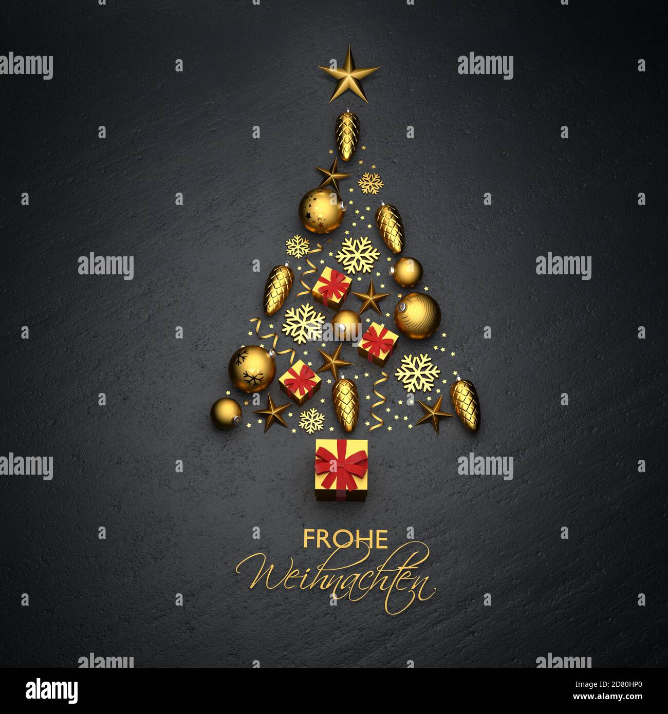 Un arbre de noël fait de décorations de noël dorées sur une assiette en pierre noire. Texte allemand 'Frohe Weihnachten' ('Merry Christmas') en bas. Banque D'Images