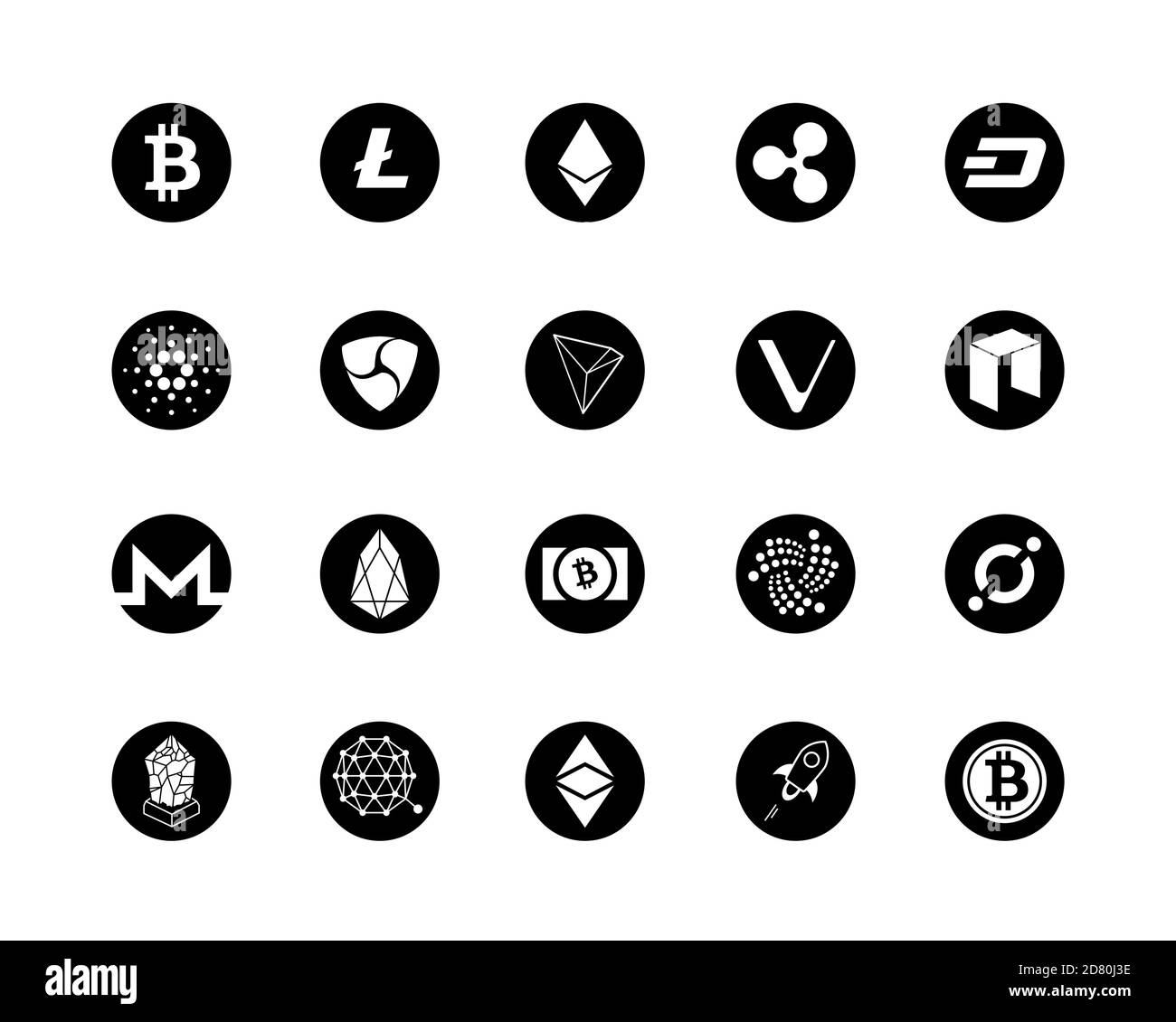 20 ensemble de logos crypto-monnaies le plus populaire - bitcoin, litecoin, ethereum, ripple et autres. Jeu d'icônes noires. Illustration de Vecteur