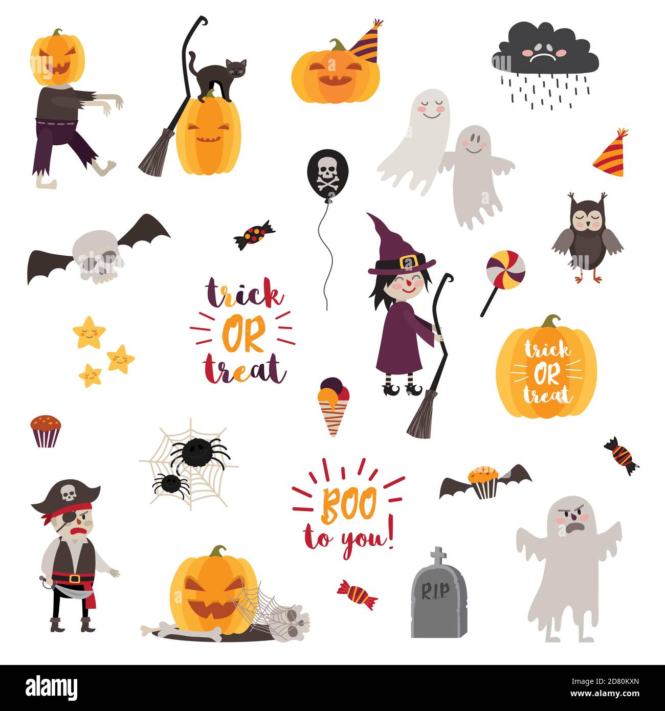 Ensemble d'éléments de conception d'halloween – objets, panneaux, éléments, symboles et personnages de dessin animé. Illustration vectorielle. Illustration de Vecteur