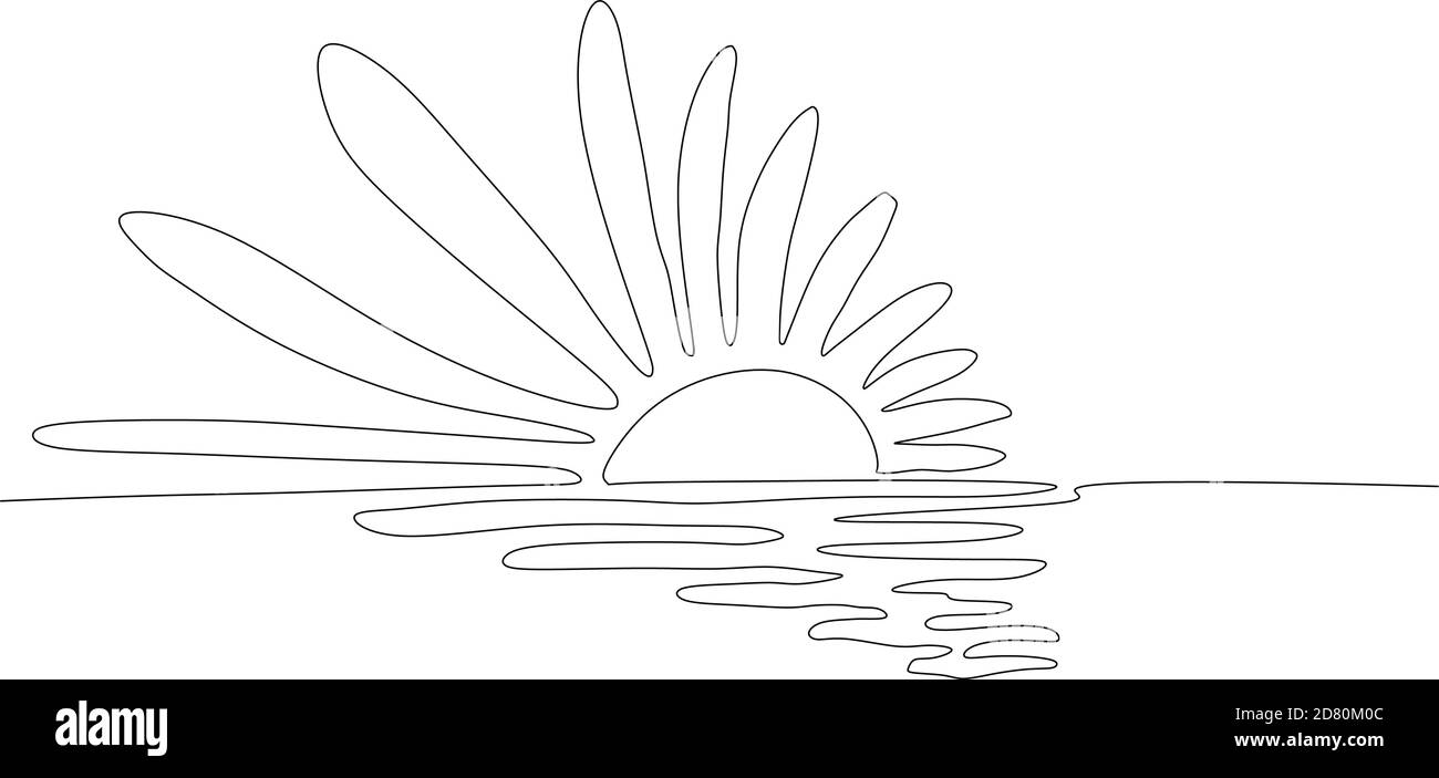 Dessin d'une ligne continue. Coucher du soleil sur la mer. Vector illustration. Illustration de Vecteur