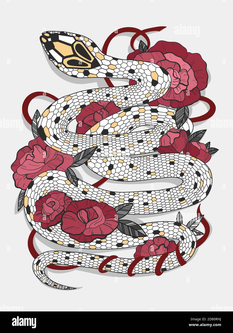 Serpent vintage dessiné à la main avec des feuilles noires et des roses rouges illustration. Croquis graphique pour affiches, tatouage, vêtements, t-shirt, épingles, patches Illustration de Vecteur