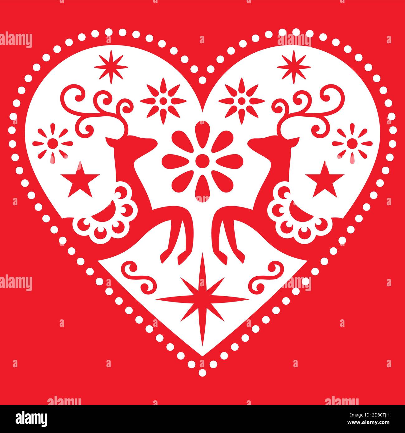 Coeur d'art folklorique de Noël avec motif de carte de vœux rouge à motif cerf vectoriel, motif de joyeux de style scandinave rétro avec fleurs et étoiles Illustration de Vecteur