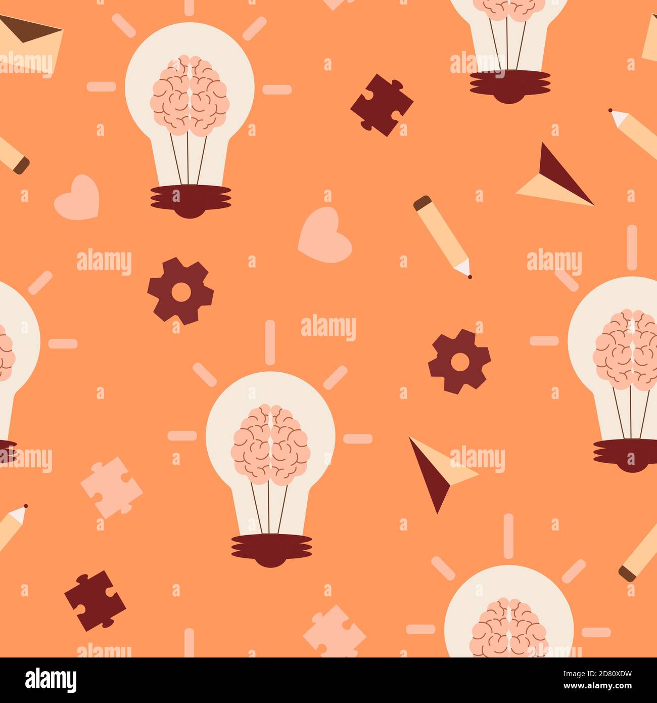 Motif sans couture créatif. Ampoule lumineuse orange avec pièces casse-tête marron brain Gears. Illustration de Vecteur