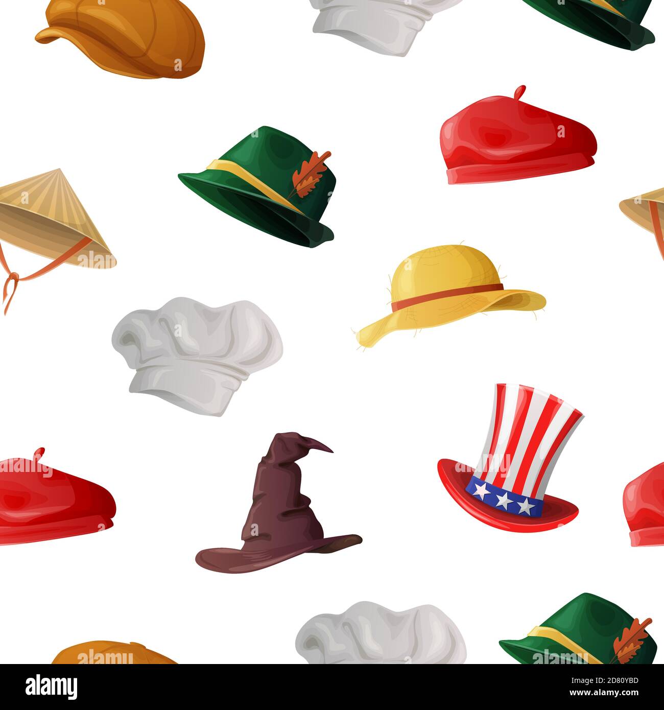 Divers chapeaux sans coutures. Protection solaire jaune avec rayures rouges et larges bonnets américains avec bandes rouges. Illustration de Vecteur