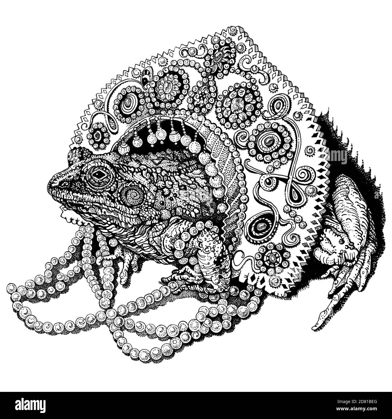 La princesse grenouille. Amphibiens dans une héaddress russe traditionnelle, perles et bijoux. Illustration de conte de fées de stylo à encre dessinée à la main, isolée en noir sur blanc Banque D'Images