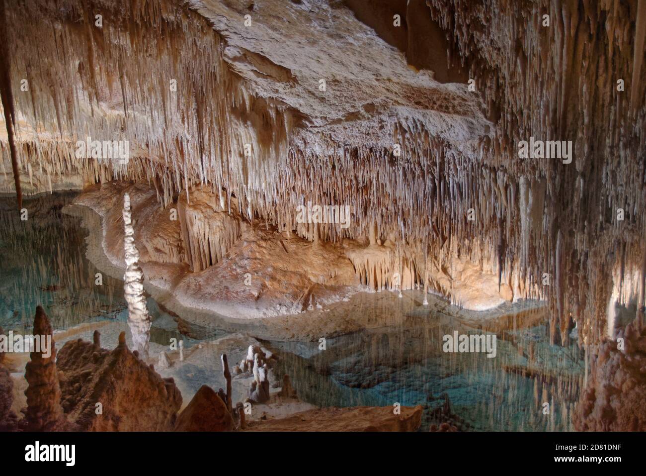 Intérieur d'une grotte de calcaire inondée avec de nombreuses stalactites et stalagmites et réflexions dans la surface de l'eau, grottes de Drach / Cuevas del Drach, Majorque. Banque D'Images