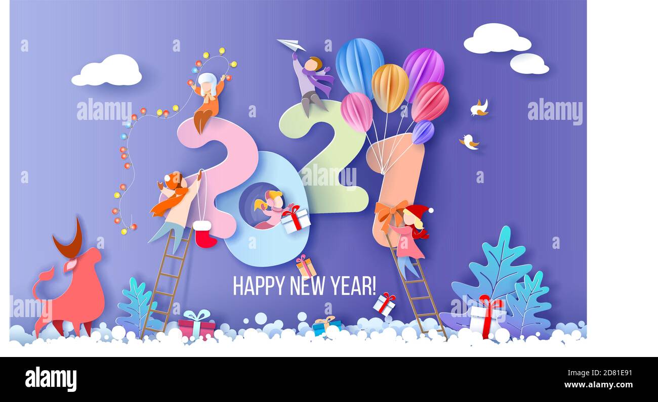 2021 carte du nouvel an avec enfants sur fond bleu d'hiver. Illustration vectorielle. Style art et artisanat taillé en papier. Illustration de Vecteur