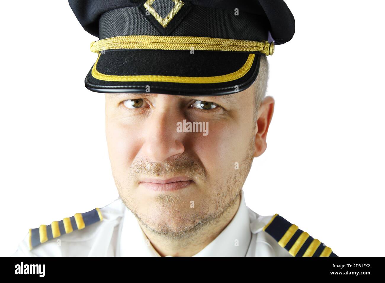 capitaine de l'avion en uniforme sur fond blanc Banque D'Images