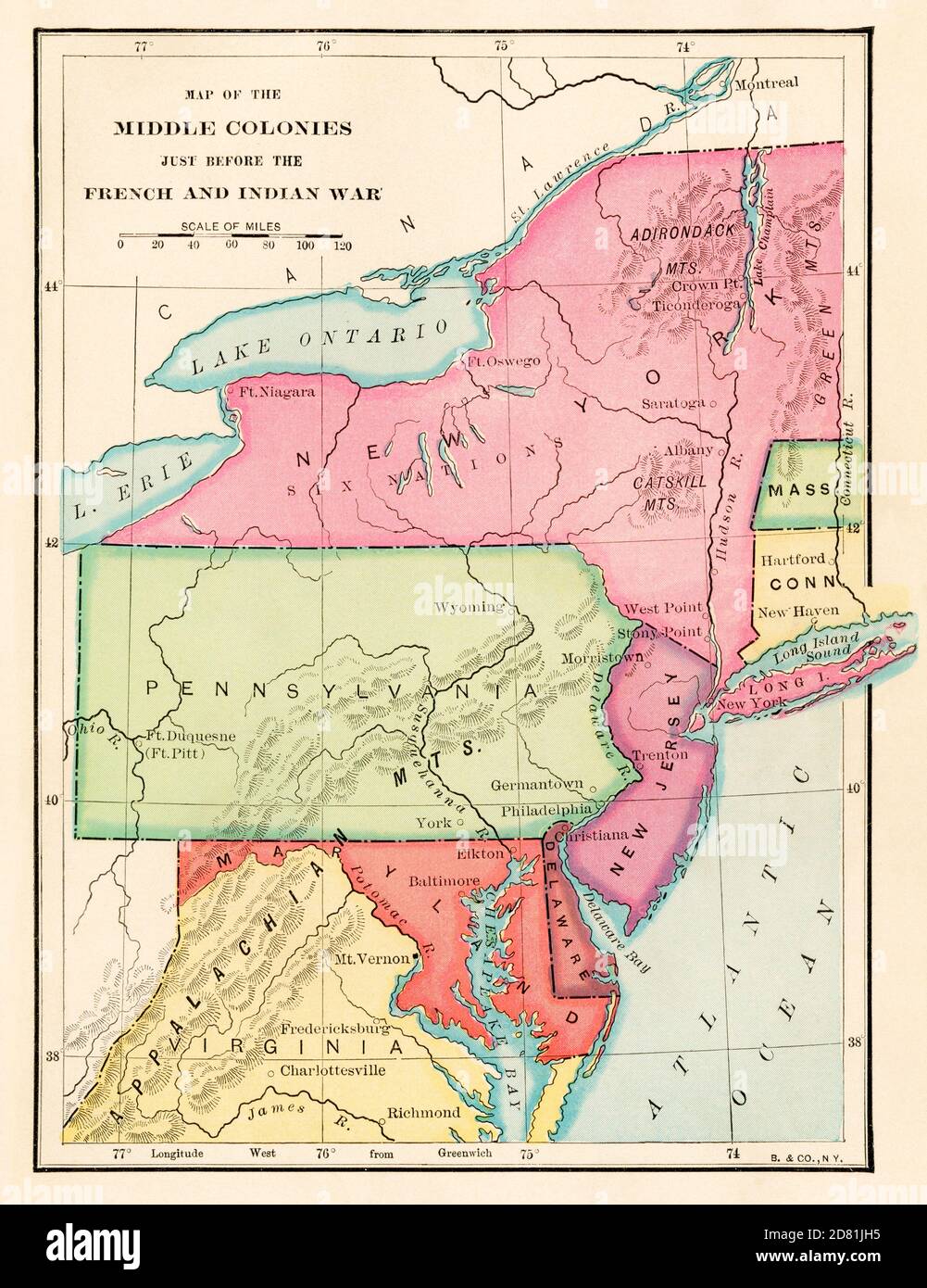 Colonies moyennes juste avant la guerre des Français et des Indiens, 1750. Demi-teinte de couleur Banque D'Images