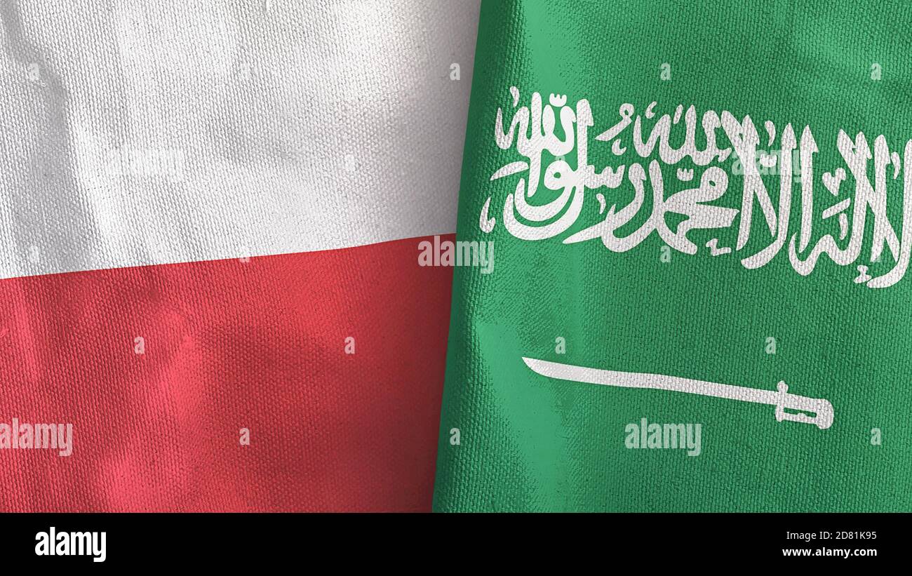Arabie Saoudite et Pologne deux drapeaux textile tissu rendu 3D Banque D'Images