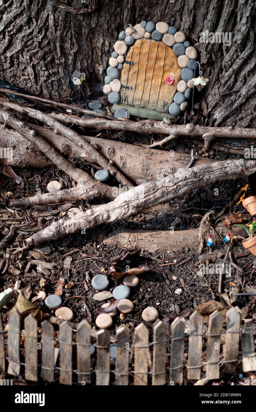 Petite porte en bois entourée de petits cailloux à la base d'un arbre probablement utilisé par des hobbits pour entrer dans leur monde. Downers Grove Illinois, Illinois, États-Unis Banque D'Images
