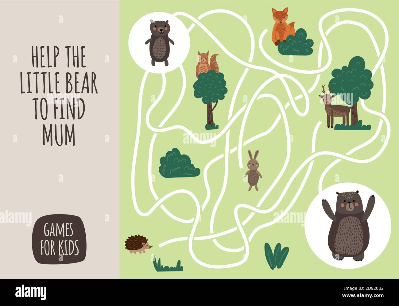 Illustration de jeux pour enfants de style dessin animé vectoriel. Labyrinthe visuel jeu éducatif pour les enfants. Ensemble animaux de la forêt. Illustration de Vecteur