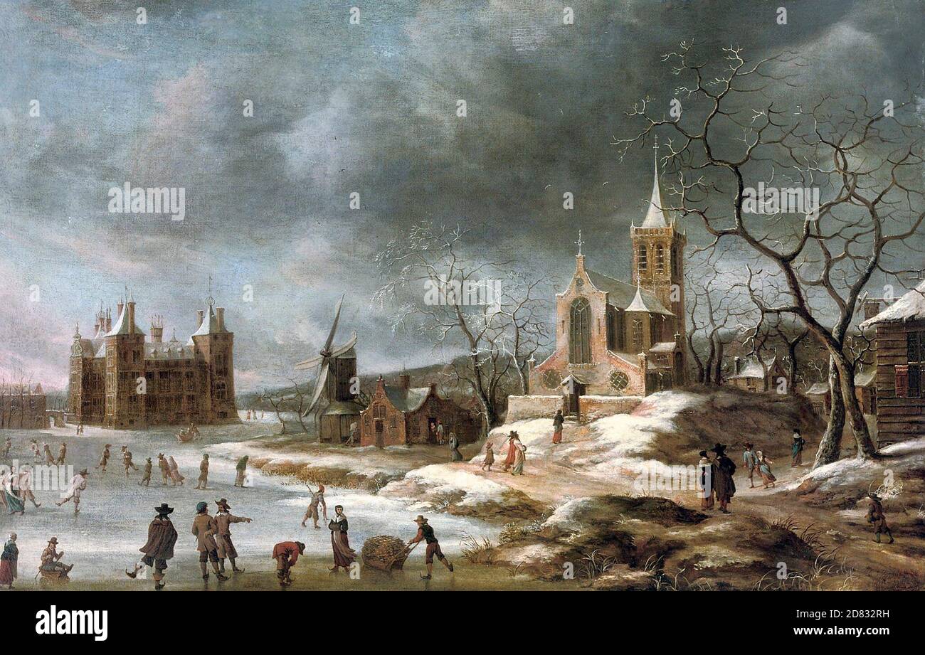 Un paysage d'hiver avec des activités sur la glace près du château de Buren - Jan Abrahamsz Beerstraaten, 1600s Banque D'Images
