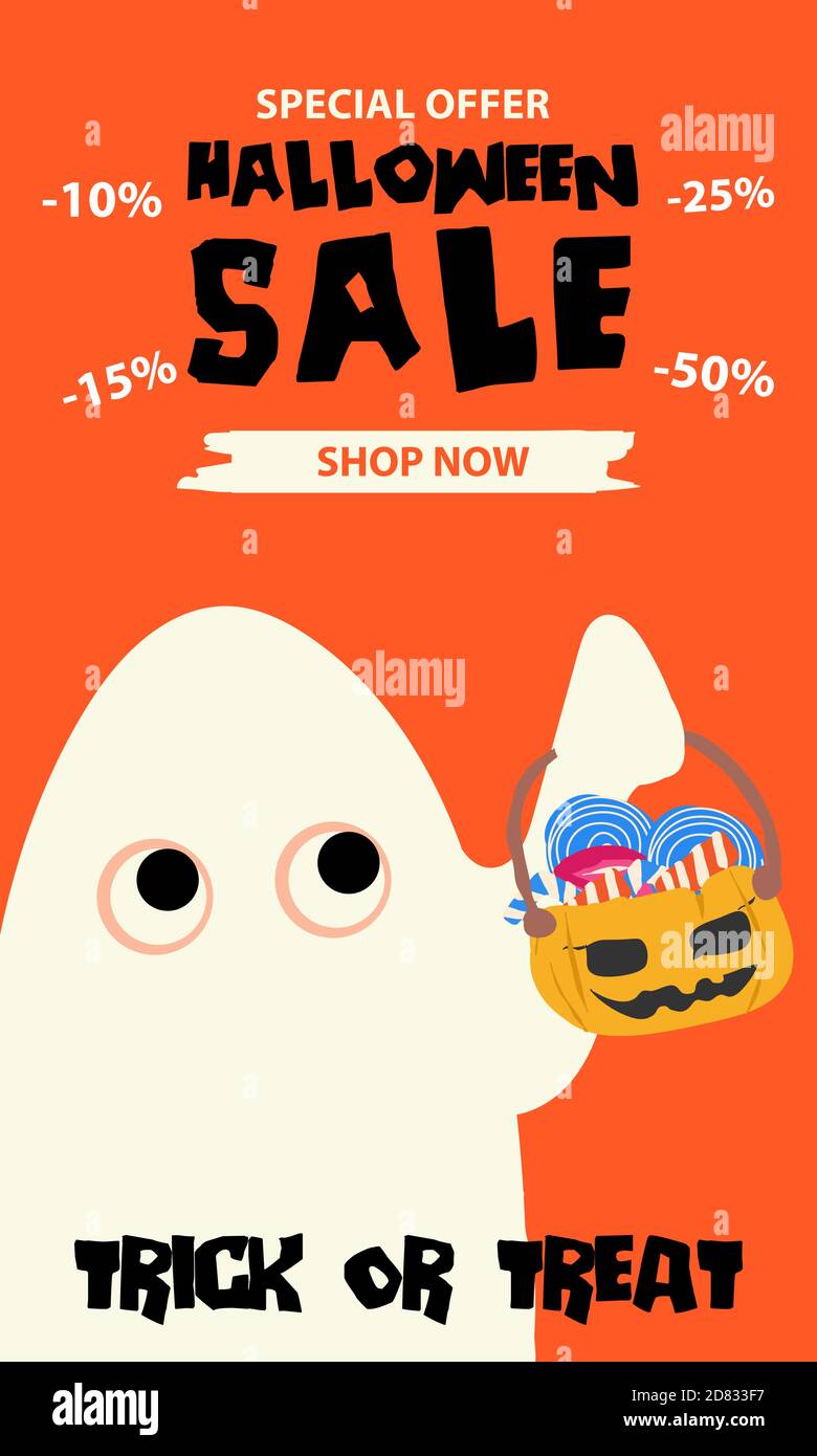 Bannière de vente d'Halloween. Arrière-plan d'Halloween avec potiron, fantôme, monstre, sorcière, chats noirs et bonbons . Circulaire d'invitation ou modèle pour un Halloween p Illustration de Vecteur