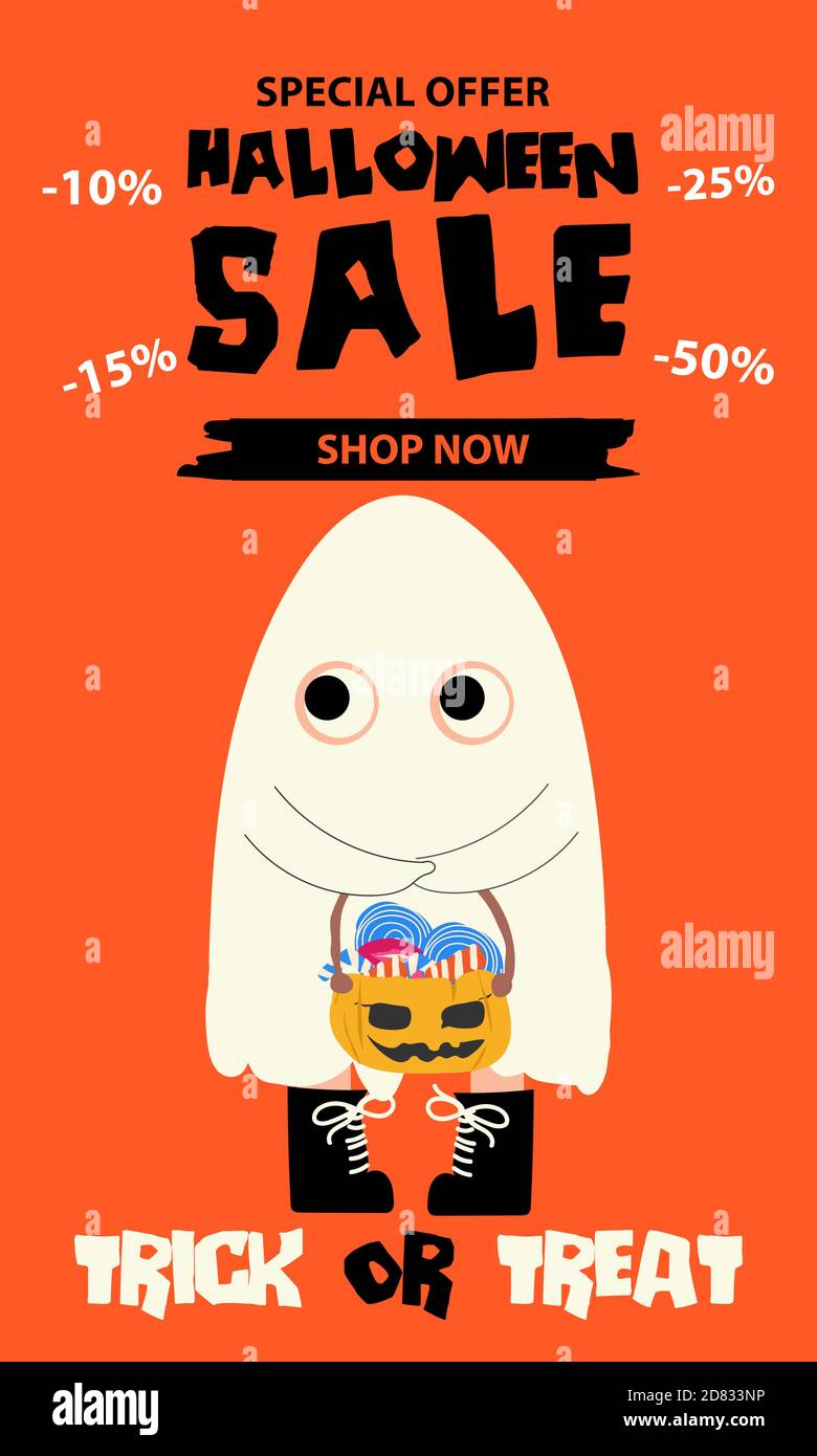 Bannière de vente d'Halloween. Arrière-plan d'Halloween avec potiron, fantôme, monstre, sorcière, chats noirs et bonbons . Circulaire d'invitation ou modèle pour un Halloween p Illustration de Vecteur