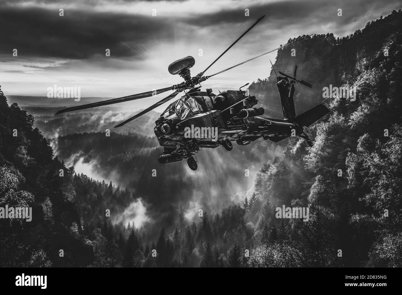 Hélicoptère d'attaque américain en noir et blanc Banque D'Images