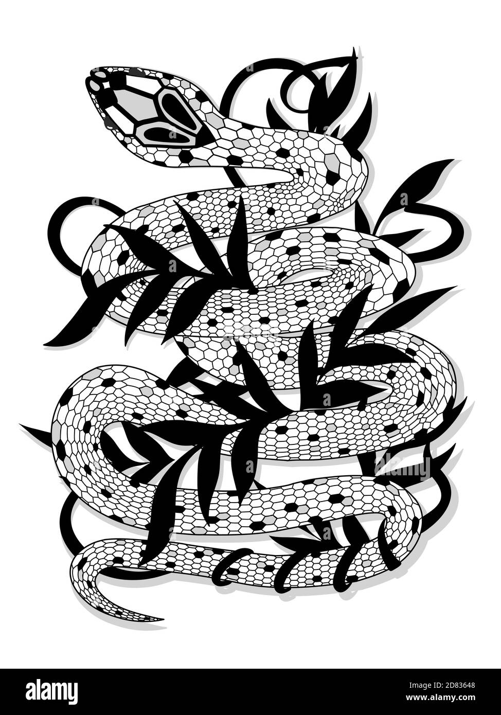 Serpent vintage dessiné à la main avec illustration de feuilles noires. Croquis graphique pour affiches, tatouage, vêtements, t-shirt Illustration de Vecteur