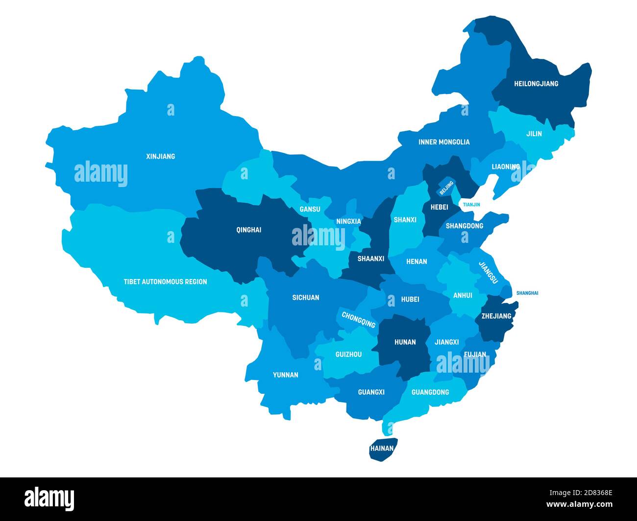 Carte politique bleue de la Chine. Divisions administratives - provinces. Carte vectorielle plate simple avec étiquettes. Illustration de Vecteur