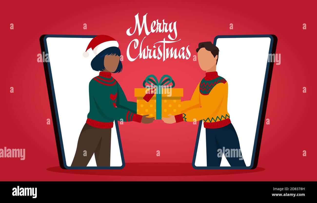 Vecteur de communication mobile entre un jeune homme et une jeune femme Échange d'applications avec des cadeaux de Noël en ligne Illustration de Vecteur