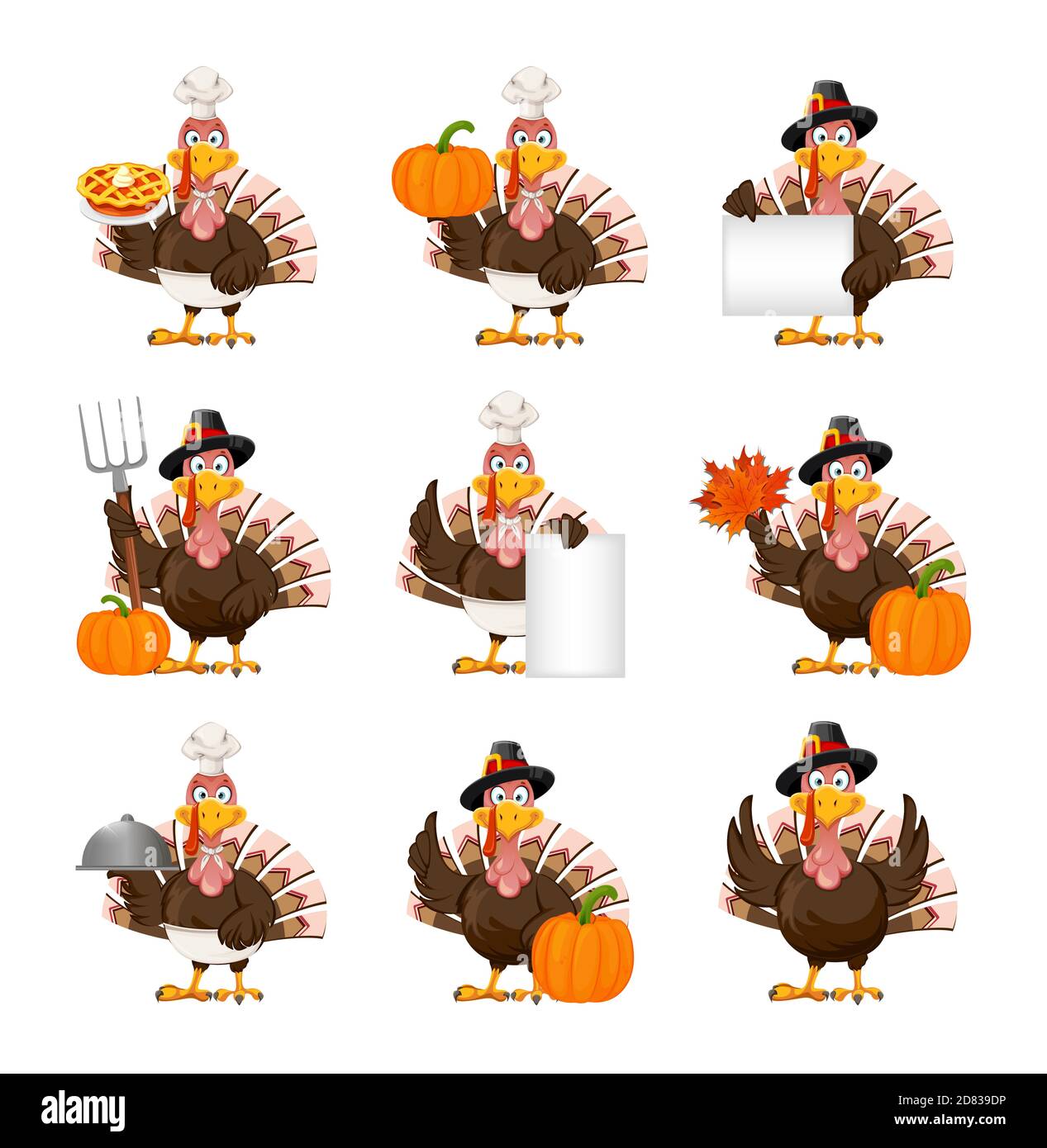 Bonne journée de Thanksgiving. Drôle personnage de dessin animé Thanksgiving oiseau de dinde, ensemble de neuf poses. Illustration vectorielle sur fond blanc Illustration de Vecteur