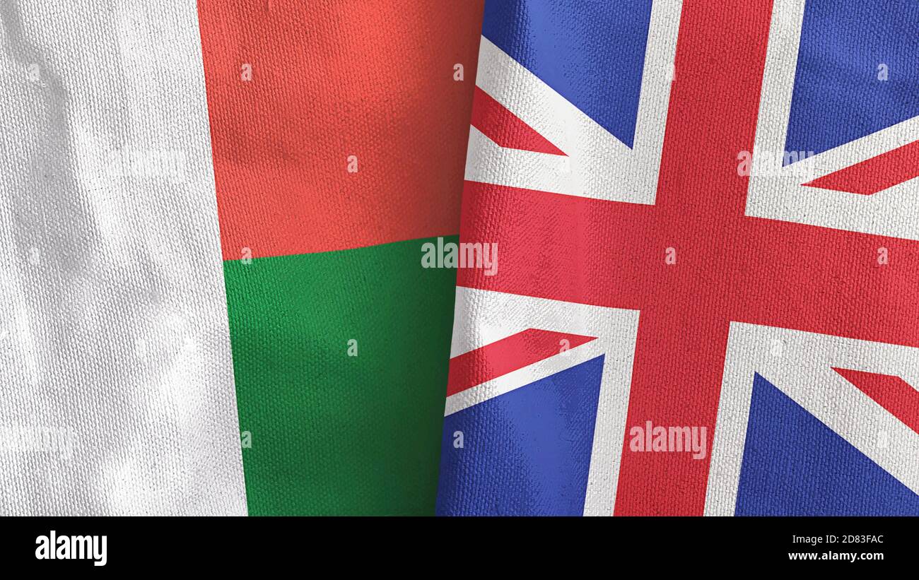 Royaume-Uni et Madagascar deux drapeaux textile tissu rendu 3D Banque D'Images