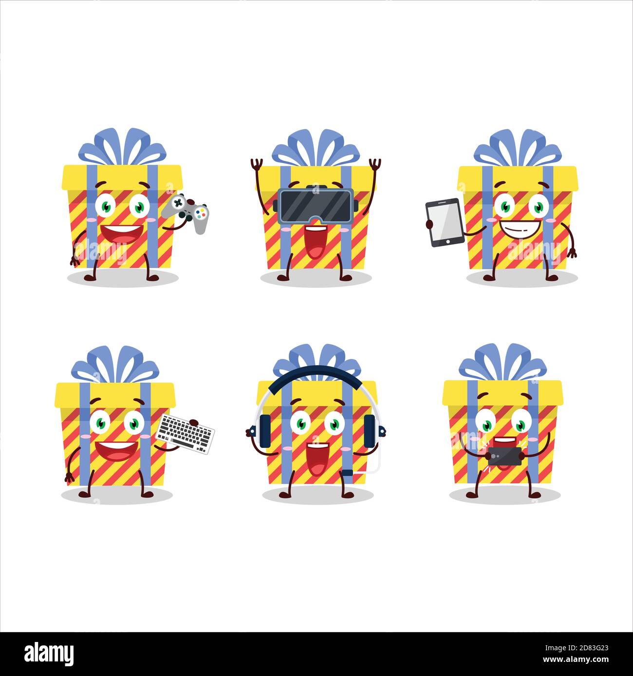 Le personnage de dessin animé de cadeau de bandes jaunes joue à des jeux avec divers émoticônes mignons Illustration de Vecteur