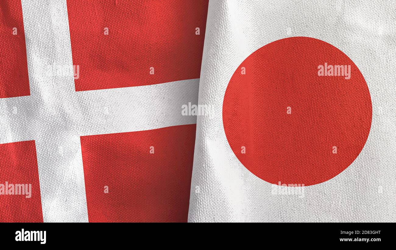 Japon et Danemark deux drapeaux textile tissu rendu 3D Banque D'Images